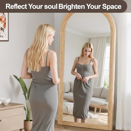 Arched Full Length Mirror with Stand, 75x35 Natural Wood Floor Mirror - Image 2