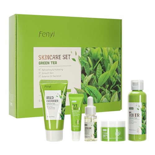 HochoLii 5 Pezzi Set di Cura Della Pelle del Tè Verde Per Le Donne & Ragazze, Con Detergente, Toner, Crema Occhi, Crema Viso, Siero