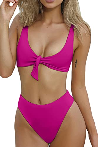 QINSEN Ladies Flowy Cropped Tank Brazilian Thong 2PCS Bikini Bathing Suit Rosy S