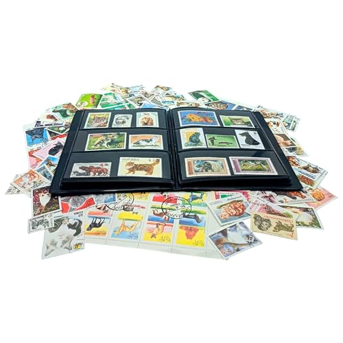 IMPACTO COLECCIONABLES – Sammlung von 100 Briefmarken mit Hunde- und Katzenmotiven mit Album (14 x 18 x 1 cm) | Erweitern Sie Ihre Briefmarkensammlung mit gestempelten Marken in einem eleganten Album