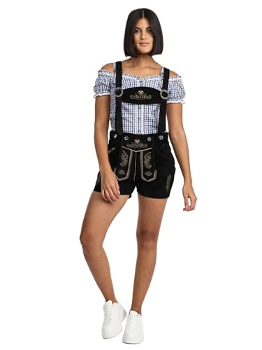 Steigenhöfer Lederhose Damen Tracht Shorts - 100% Rindsleder - Marina - Traditionelle Kurze Hose für Frauen Hot Pants - Inklusive verstellbaren Trägern - Dirndl Alternative - Schwarz - 40