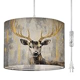 Plug in Pendant Light Modern Rustic Elk Deer Antlers Vintage Print Golden Abstract Earthy Hanging Light with Plug in Clear Cord Dimmable Switch Linen Shade Hanging Lamp Fixture for Bedroom Kitchen