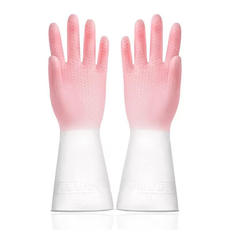 Yelajoy 5 Pairs Rubber Cleaning Gloves, Reusable Dishwashing Gloves, Gradient Color Kitchen Gloves for Hand and Finger Health Protection, Flexible Water Resistant and Non-Slip (L,Gradient Pink)