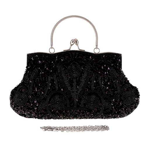 Bolso de mano con cuentas - Elegante bolso de noche con cadena, accesorio de moda con estilo refinado, exquisito bolso de gran capacidad para bodas, bailes de graduación, Negro , ver descripción