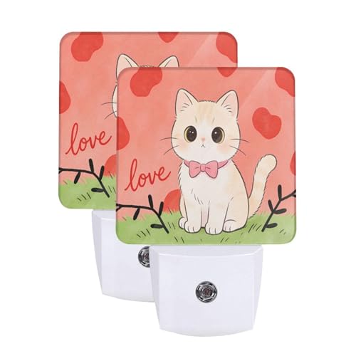 Image of Love Heart Cute Cat Kitten LED Plug-in Night 2 Lamp, Auto Sensor Nightlights Adults for Bedroom Bathroom Set of 2
