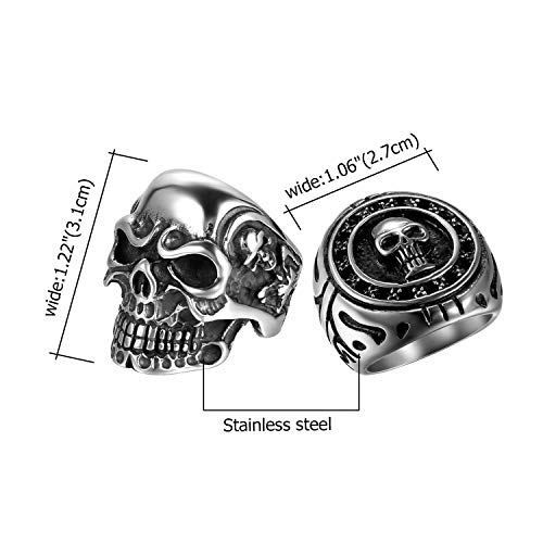 Oidea 2Pcs Bikers Stainless Steel Gothic Skulls Ring,Black Silver, Size 11 #TOP4