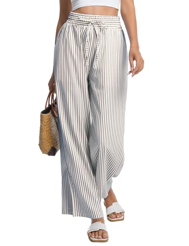 Women Striped Wide Leg Pants Summer Casual Drawstring Elastic Waist Lounge Pants Baggy Palazzo Pants with Pockets