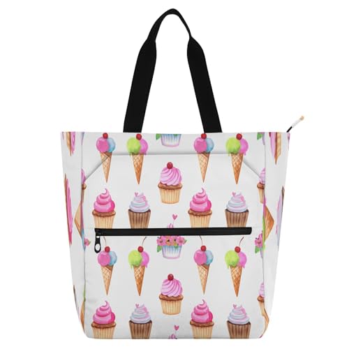 Watercolor Ice Cream Book Tote Bag,Large Capacity Handbag with Zipper Perfect for School,Travel,Shopping