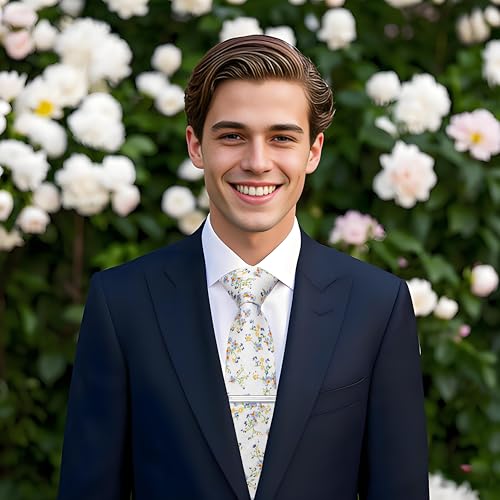 Image of YourTies Cotton Floral Tie for Men 2.5 inch Printed Skinny Necktie Pocket Square Tie Clip Set Flower Wedding Party Groom