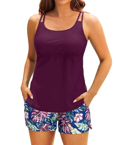 Image of Tempt Me Two Piece Tankini Swimsuits for Women Tummy Control Bathing Suit with Shorts Athletic Two Side Pockets Swimwear