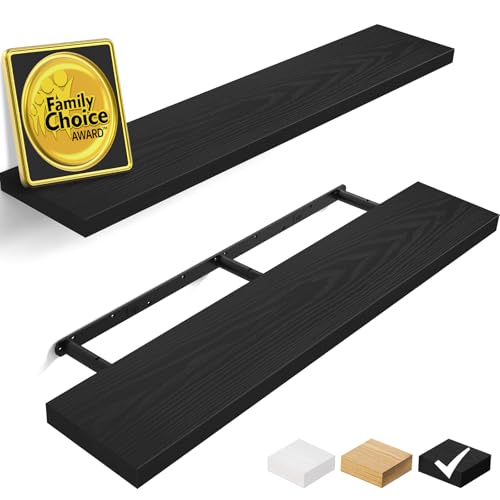 BAYKA Floating Shelves, 48 inches Long Heavy Duty Wall Mounted Rustic Wood Shelves for Bathroom, Bedroom, Living Room, Kitchen, Office, Hanging Shelf for Books/Storage/Decor(Black,Set of 2)
