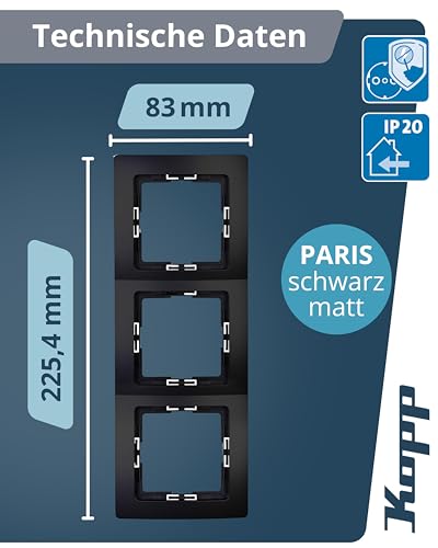Kopp PARIS 3-fach Abdeckrahmen in Matt-Schwarz - 8,3 x 22,5 cm - Rahmen für Steckdosen & Schalter - Stilvoller Steckdosenrahmen aus Kunststoff - Hochwertiger Lichtschalter-Rahmen