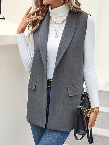 Makemechic 401341500-L Women'S Shawl Collar Open Front Sleeveless Vest Blazer Work Office Suit Jackets Outerwear Dark Grey L thumb #2