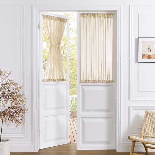 Tollpiz Sheer Door Curtains Closet Linen Textured Curtain Sheers Doorway Light Filtering Voile French Doors Rod Pocket Curtains Patio Glass Door, 54 x 63 inches Long, Beige, 1 Panel