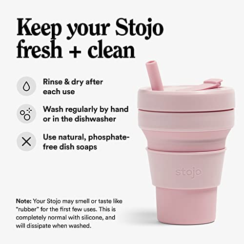 Stojo Collapsible Travel Cup With Straw - Carnation Pink, 16Oz / 470Ml - Reusable To-Go Pocket Size Silicone Bottle For Hot And Cold Drinks - Perfect For Camping & Hiking - Microwave & Dishwasher Safe #TOP3