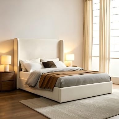 Queen Carmen Wingback Platform Bed 54" High Ivory Canvas Upholstered Headboard Noise-Free Frame No Box Spring Easy Assembly image 5