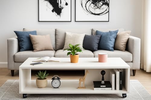 Image of MATTERHORN Wooden Coffee Table with Wheels & Storage Shelf | Modern Centre Table for Living Room, Tea & Drawing Room | Free Assembly, 80 x 40 x 40 cm (MOCT-R92101) (White Mist)