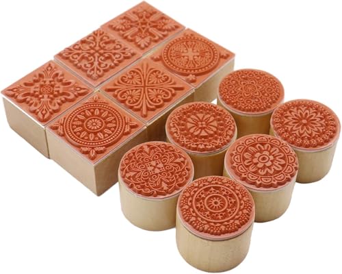Fciqven 12Pcs Rubber Stamps Round and Square Decorative Wooden Stamps Set, Wood Stamps for Crafting, Letters, Scrapbooking and DIY Craft Card