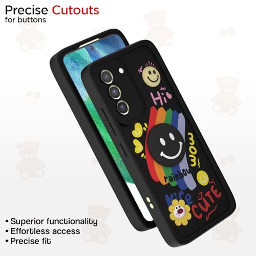 Image of Pikkme Back Cover for Samsung Galaxy S21 Fe 5G | Soft Silicone| Cute Rainbow Smile & 3D Cartoon Flower Design | Shockproof Raised Camera Protection Bumper Case (Black)