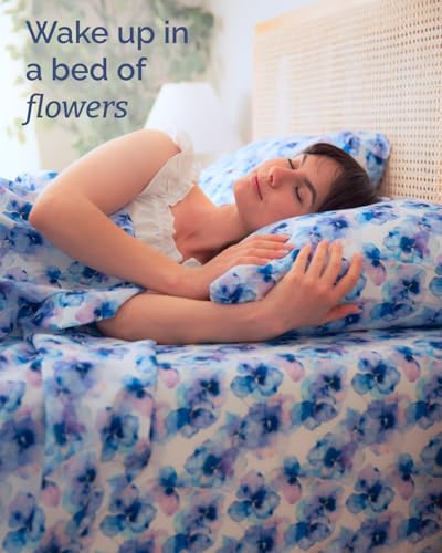 Image of Full 4 Piece Floral Sheet Set - Soft, Breathable & Cooling - Blue Hydrangea