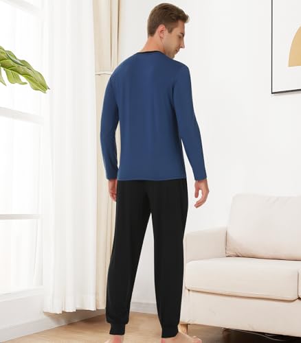 Image of NACHILA Mens Pajamas Set Long Sleeve Henley Sleepwear Top Soft Jogger Pants Pajamas Cool Pjs Set,Viscose Made from Bamboo