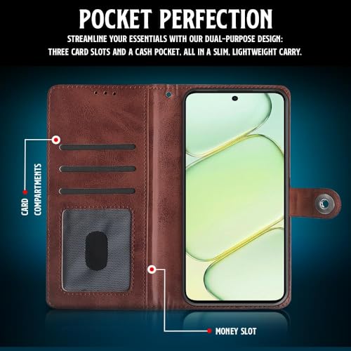 Image of WOW IMAGINE Shock Proof Flip Cover Back Case for 1+ OnePlus Nord CE 6 Lite 5G (Magnetic Button Flip Case | Wallet Pockets & Stand | Leather Finish | Coffee)