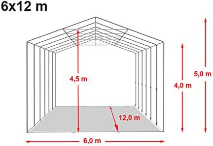 Diagram showing the dimensions of a 6x12m storage tent, with a side height of 4.0m, ridge height of 4.5m, and overall height of 5.0m.