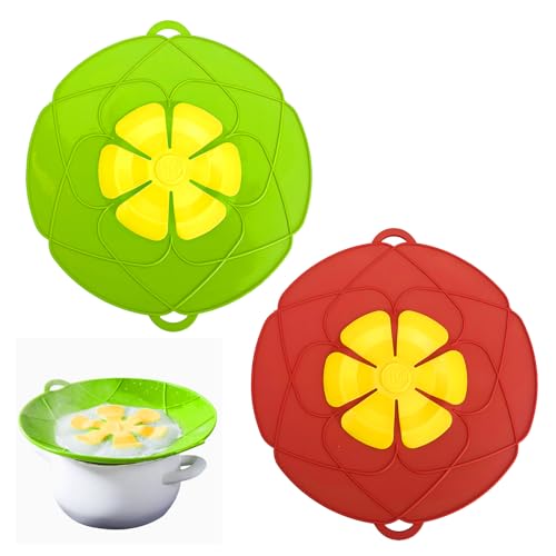 2 Pcs Silicone Anti Spill Lid Stoppers Multifunctional Spill Stopper Lid Cover Rotatable Flower Shape Suitable for Frying Pans, Skillets, And Microwave Ovens Kitchen Essentials 26cm (Red + Green)