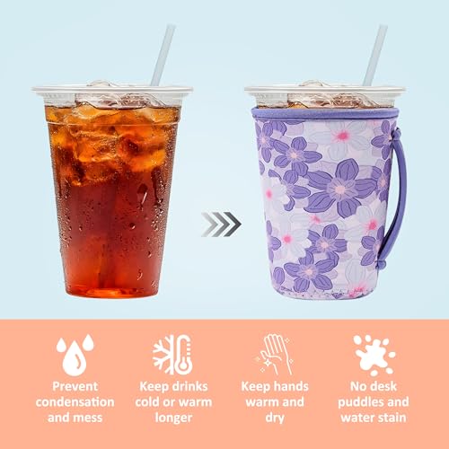 Image of KJQJLY 3 Pack Reusable Iced Coffee Sleeves for Iced Coffee Cups or Drinks Reusable Neoprene Insulated Sleeves for Hot and Cold Drinks from Starbucks, Dunkin, And More (Little Purple Flowers)