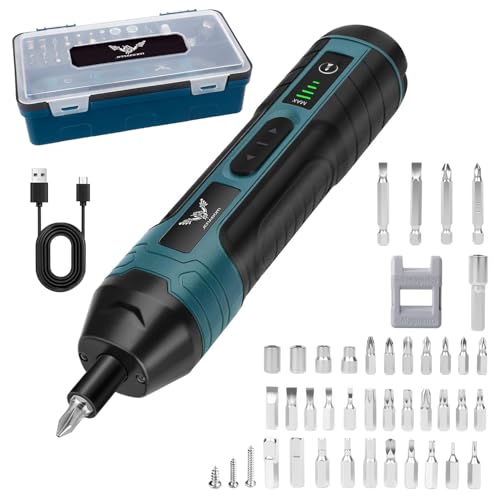 JENABOM Electric Cordless Screwdriver, 3.6V Rechargeable Screwdriver, 5N.m Max Torque, 4-Gear Torque, LED Light, 39 Pcs, Ideal for Daily & Light Industrial Use