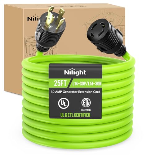 Image of Nilight 25FT 30Amp Generator Extension Cord 125V Heavy Duty 10 /3 Gauge Pure Copper STW Wire UL ETL Listed 4 Prong L14-30P L14-30R Weatherproof Suit for Camper Outdoor Use Bright Green
