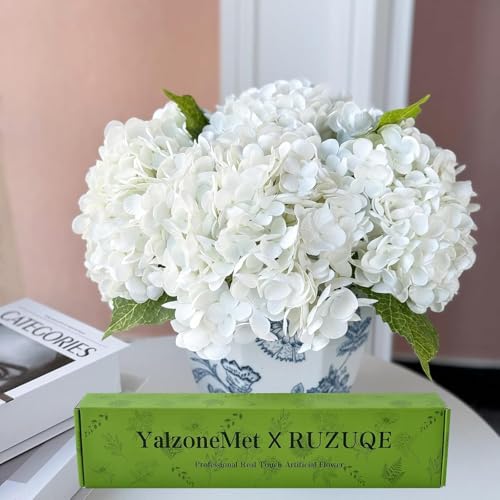 YalzoneMet 4Pcs White Hydrangea Artificial Flower Natural Lifelike Real Touch 21'' Long Stem Hydrangea Latex Flower Bouquets for Home Decor Party Outdoor Wedding Table Centerpiece