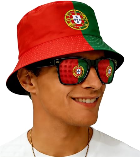 National Flag Printed Bucket Hat with Matching Flag Sunglasses, Soccer Fan Outdoor Sun Hat Set for Adults (Portugal)