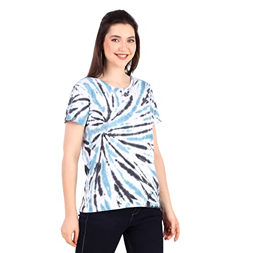 Image of Stories.Label Women's Tie Dye Printed Cotton Tshirt in Ribbed Neck, Regular Fit Half Sleeves Tops for Girls Stylish (Size S - 5XL)