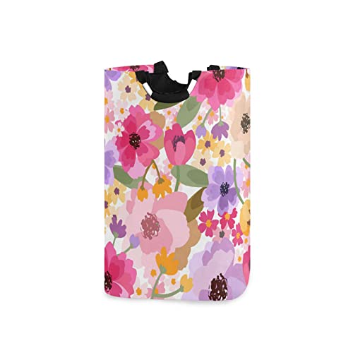 Image of QwThum Laundry Basket Laundry Hamper Large Collapsible Bag Waterproof Clothes Basket Laundry with Handle Upright Well Dirty Holder for Clothes Toys in Bedroom Dorm Nursery Floral Purple