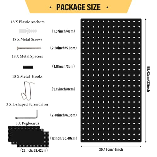 Image of DEWEL Wall Organizer Peg Board, 3Pcs Metal Pegboard Panels with Accessories, 23 inch x 12 inch Pegboard, Heavy Duty Peg Board Wall Organizer for Workbench, Workshop, Office, Craft Room (3pcs black)