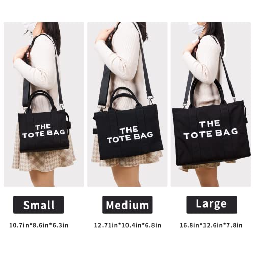 KALIDI Canvas Tote Bags Handbags for Women, Tote Bag with Zipper and Pockets Shoulder Bag for Women Ladies Girls Canvas Crossbody Tote Bags for School Travel Work, Black, Small