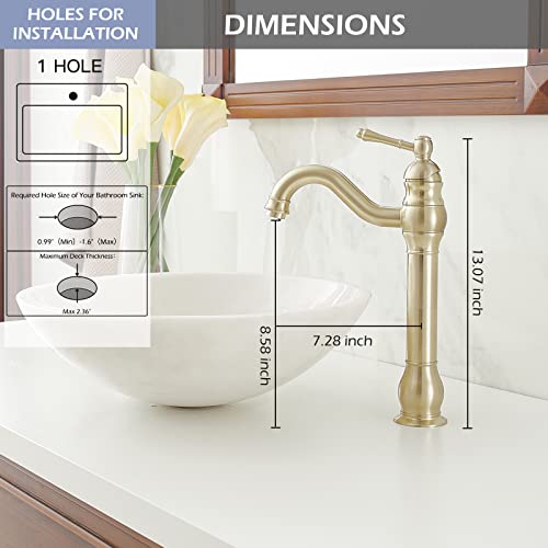 Bwe 360° Swivel Vessel Sink Faucet Brushed Gold Bathroom Single Handle One Hole Lavatory Vanity Mixer Bar Tap Tall Spout With Pop Up Drain Assembly And Supply Line #TOP7
