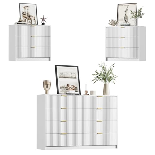 Image of Furniway White Dresser Bedroom Set 3 Pieces, Nightstands Sets of 2, 8 Drawer Dresser with Gold Handles for Bedroom