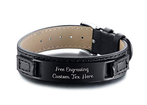 MPRAINBOW Pulsera de Cuero Genuino Personalizable con Grabado Ajustable, Acero Inoxidable, para Hombre o niño Cover