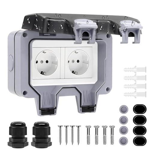 Presso presa esterna impermeabile, spina resistente alle intemperie IP66 con montaggio a superficie, presa da parete esterna 16A con coperchio a ribalta, pres a da giardino a 2 via per ambienti umidi