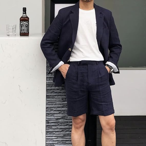 Men's Linen 2 Pieces Suit Set Shorts Summer Beach Wedding Prom Jacket Vest Pants Tuxedo3