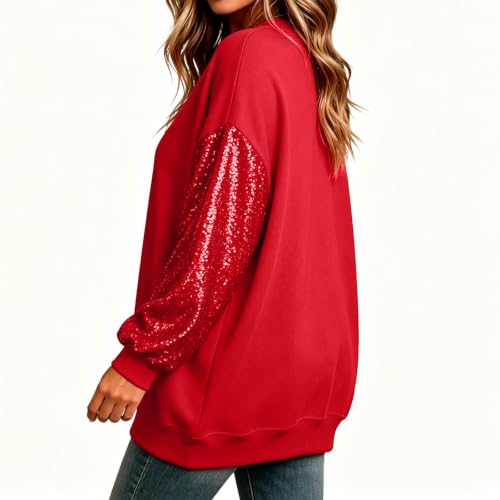 Sequin Tops Women Oversized Patchwork Sleeve Sparkly Sweatshirts Red S - image 2