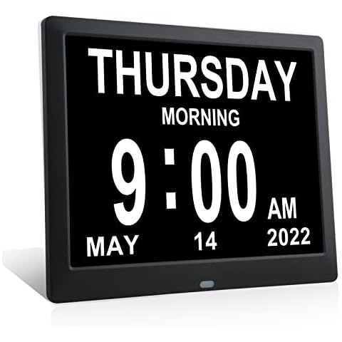 SZSLG Digitale Kalender Demenz Uhr 9 Zoll Datum Uhrzeit Tag der Woche Uhr Einfach einzustellen, 8 Alarmoptionen, Automatische Dimmung 1-10 Stufen für Senioren Ältere Sehbehinderte Schwarz Cover