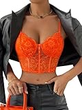 Lilosy Sexy Lingerie Floral Lace Crop Cami Tank Top Women Sheer Longline Bralette Night Out Party Corset Bra Neon Orange Large