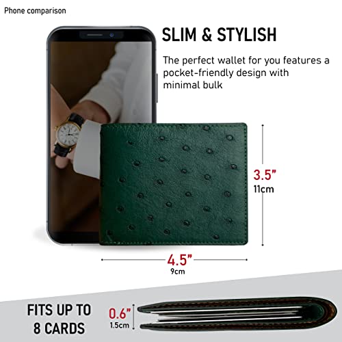 Image of HATA Green Ostrich Leather Bifold Wallet for Men, Double-Sided Ostrich Billfold with RFID Blocking, Handmade Leather Wallet Gift for Birthday, Anniversary, Father's Day VINAMOS-08