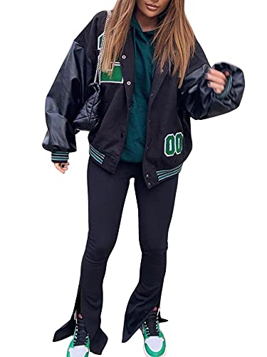 WangsCanis Übergroße Damen-Baseballjacke für Herbst und Winter, modische Leder-Langarmjacke mit Buchstabenstickerei (grün, S) Cover