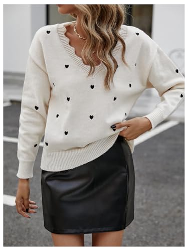 Image of BEAUDRM Women's Heart Pattern V Neck Sweater Scallop Trim Long Sleeve Pullover Tops Beige Small