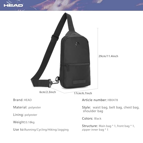 HEAD Waterproof Cross-body Sling Backpack for Men, Lightweight Sports Chest Bag Daypack for Running/Cycling/Hiking, Anti-theft Crossbody Bag Shoulder Backpack for Travel/Workout, Black4
