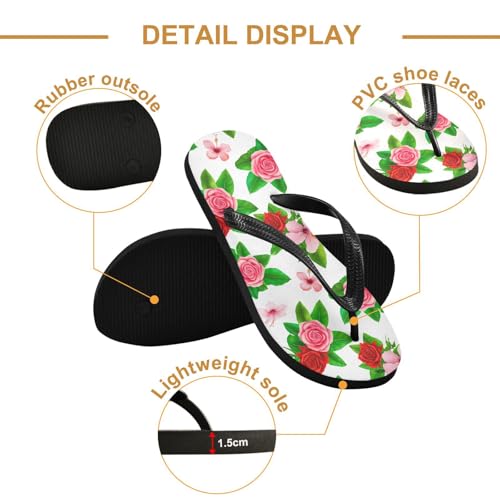 Rose Flower Leaf White Flip Flops for Beach Thong Sandals Anti-slip Lightweight Beach Shoes for Indoor Outdoor House3